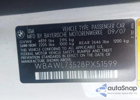2008 BMW 335I z USA, uszkodzony, nr VIN WBAWL73528PX51599